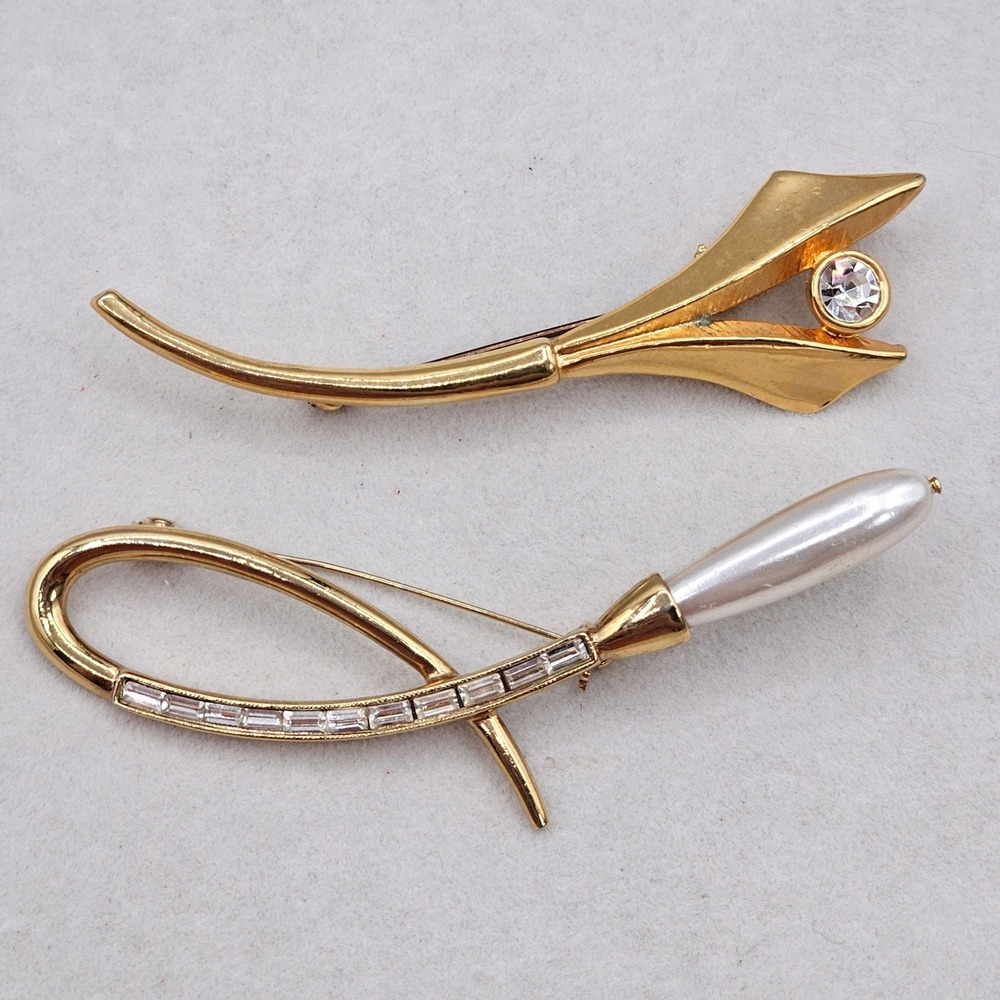 Vintage Rhinestone Gold Tone Brooch 2pc Faux Pearl Baguette Abstract Lot